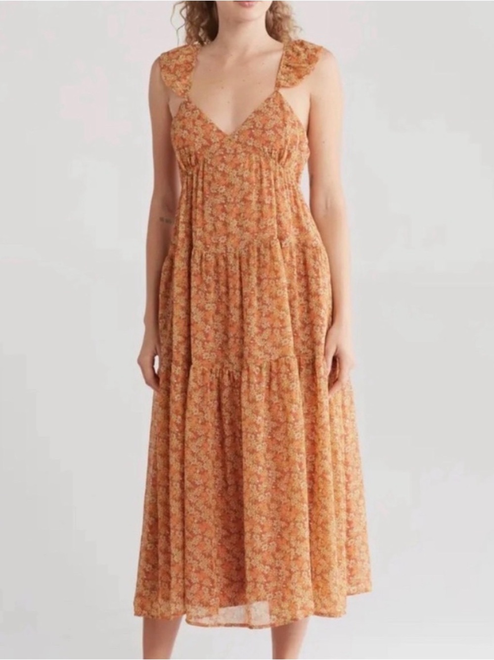 Madewell Floral Dress Georgette Rust Orange Tiered Midi Dress Size 0